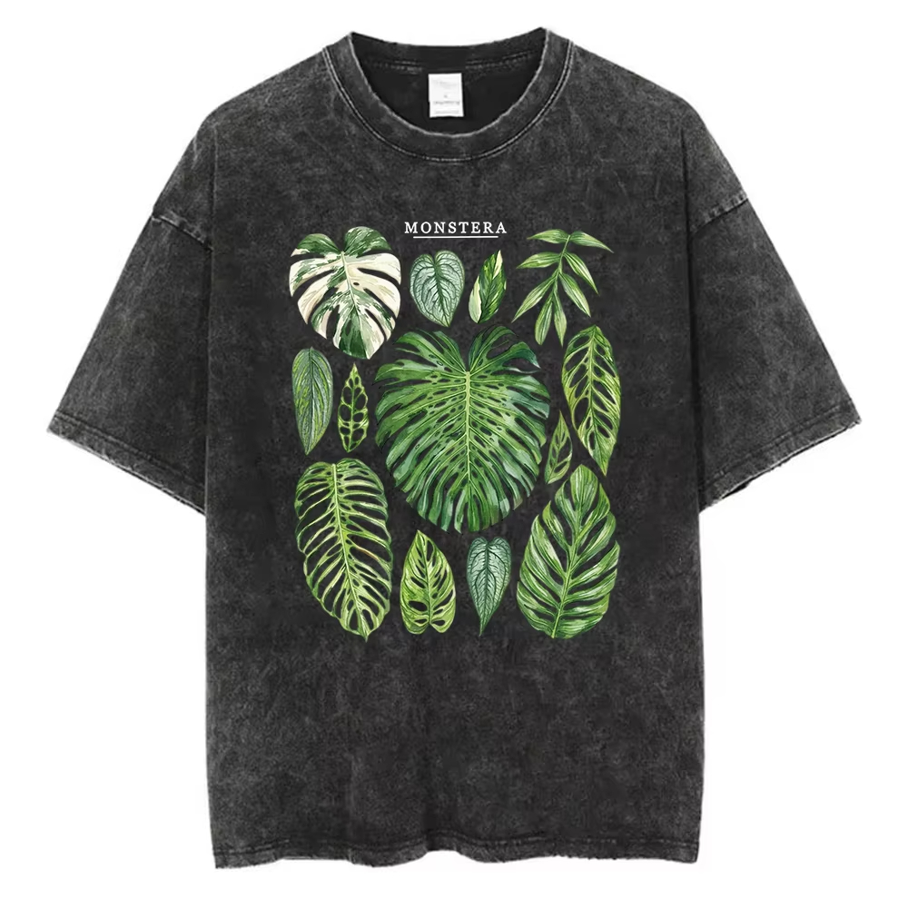 Acid Wash Vintage Graphic T Shirt - Camiseta con Estampado de Hojas de