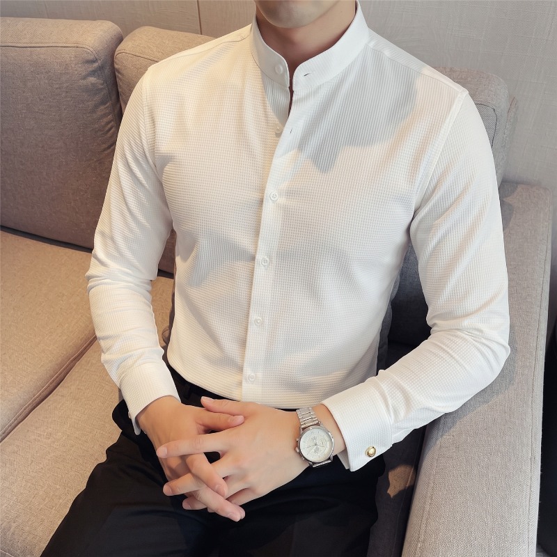 Mandarin Collar Formal Shirt Slim Fit - Camisa de manga larga con cuello