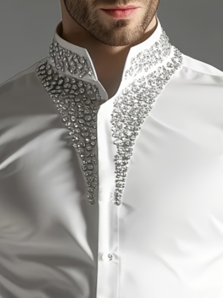 Camisa de Lujo con Pedrería pa - Mandarin Collar Formal Shirt Slim Fit reseña y precio